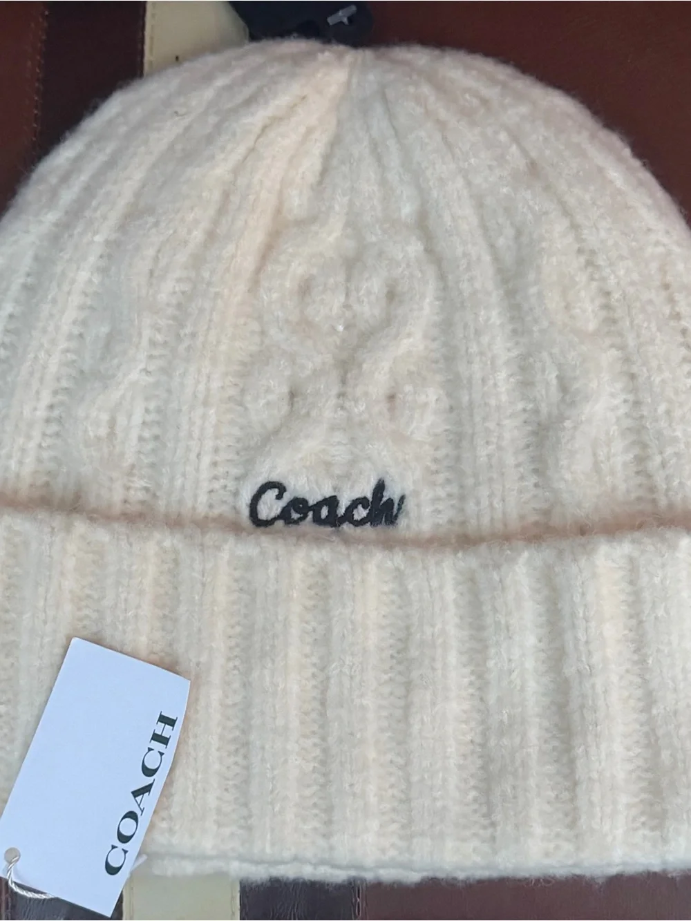 Coach Cable Knit Beanie Hat in Chalk